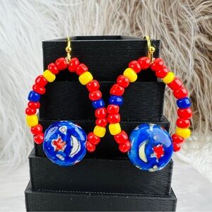 Colorful beaded goldtone, red yellow blue pierced earrings